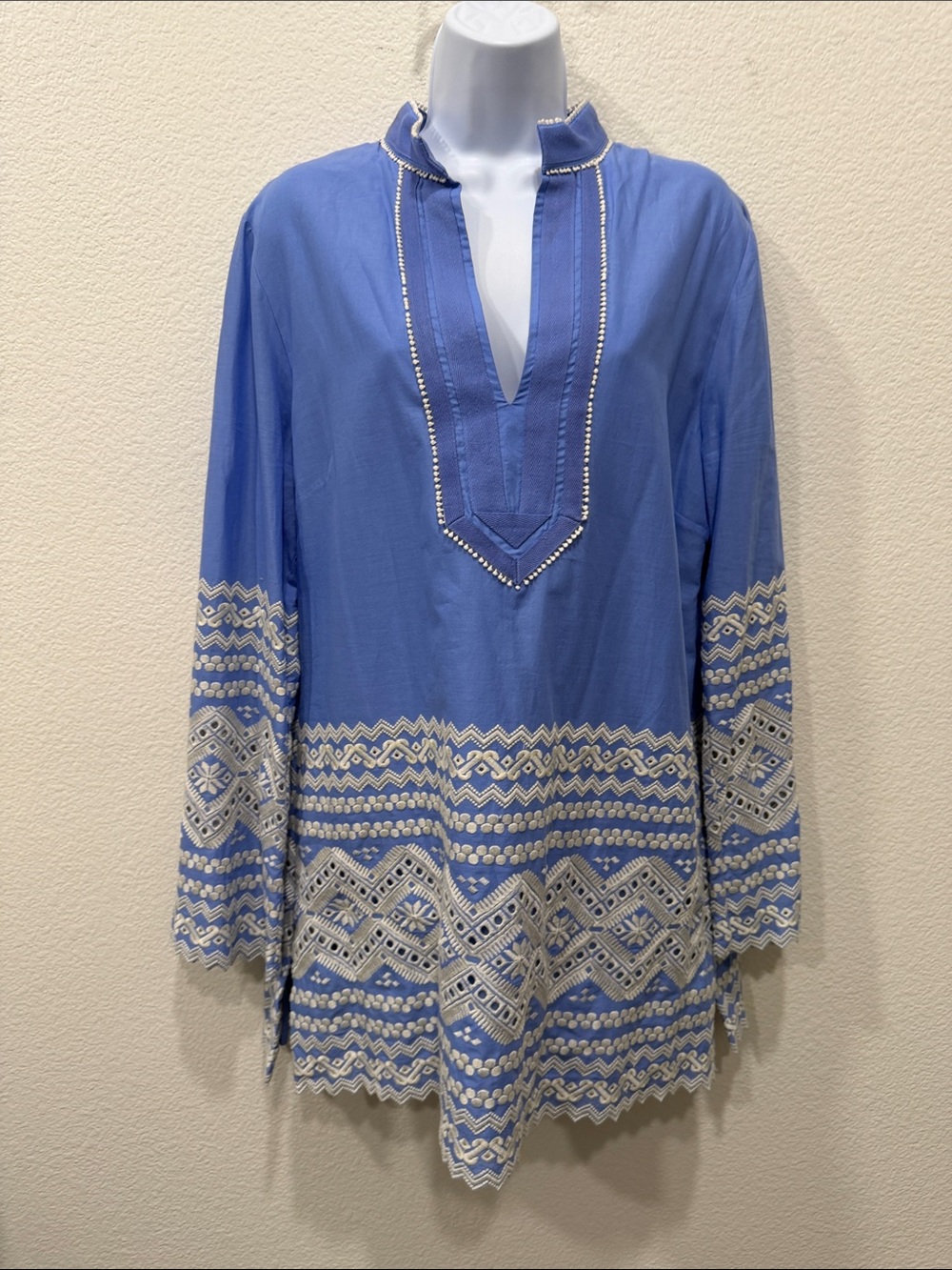 TORY BURCH  Zita Cornflower Blue Tunic with Cream Embroidery     size 14
